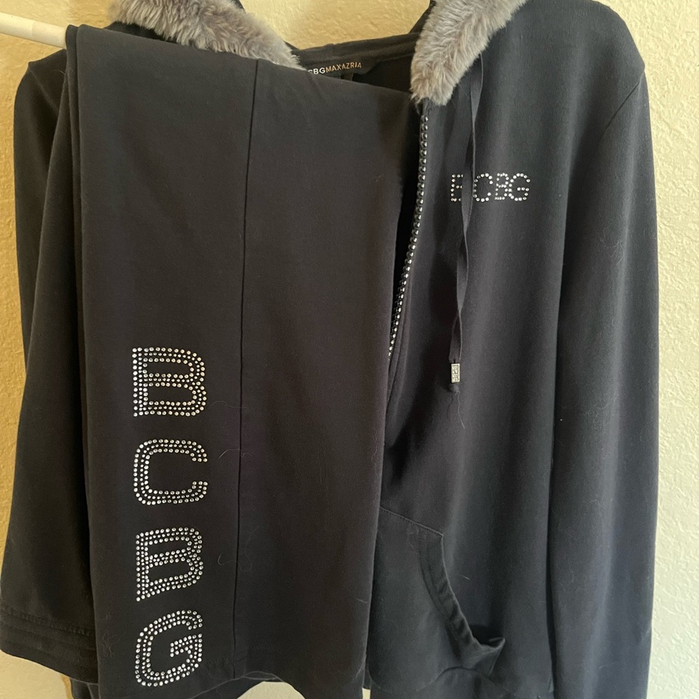 BCBG Black Hoodie and Pants Set with Rhinestone Detail